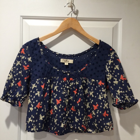Hollister Crop Top Navy w Bird Print Eyelet Small - Picture 1 of 6
